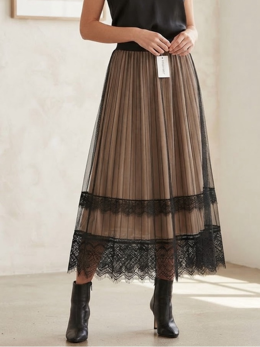 Studio West Black Lace Overlay Midi Skirt with Taupe Underlayer